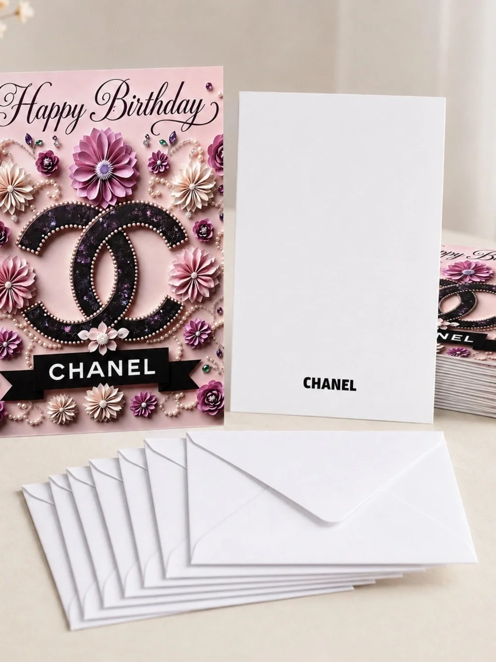Luxury Pink Chanel Birthday Card Set of 6 with Envelopes